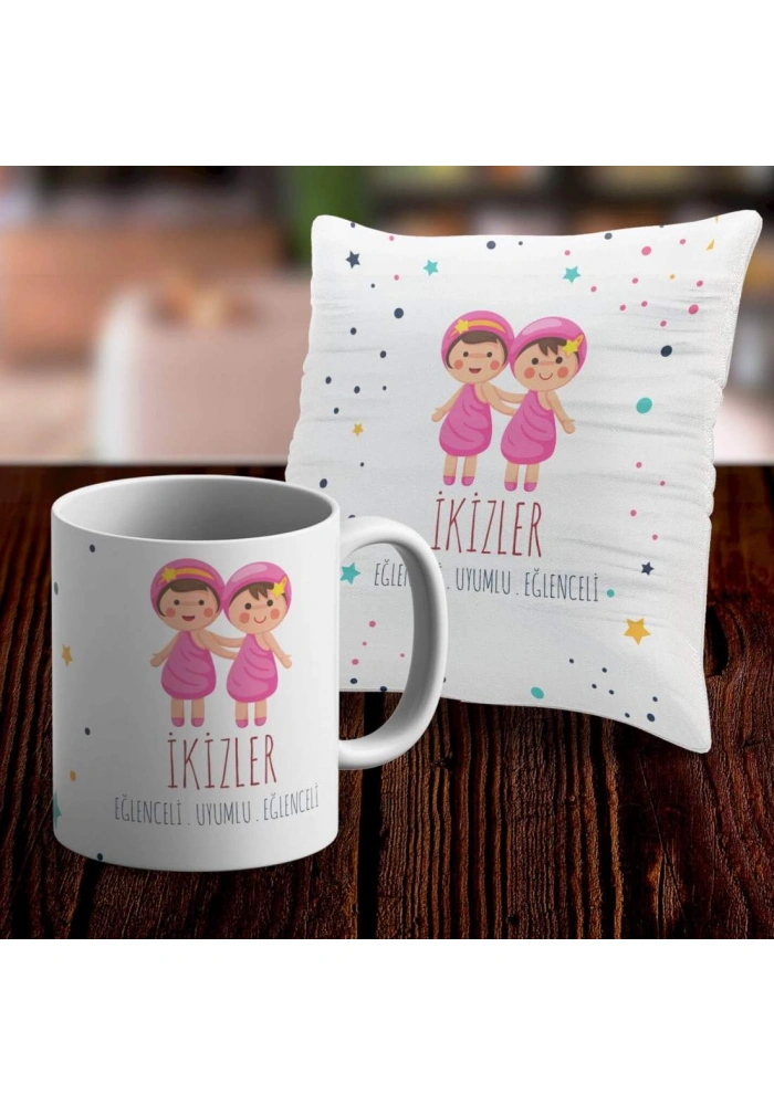İkizler Tasarımlı Sevimli Kupa ve Yastık Kılıfı Seti