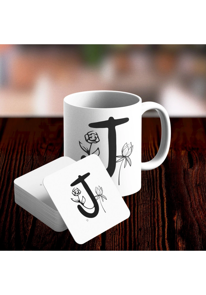 J Harfi Tasarımlı Kupa ve Bardak Altlığı Seti