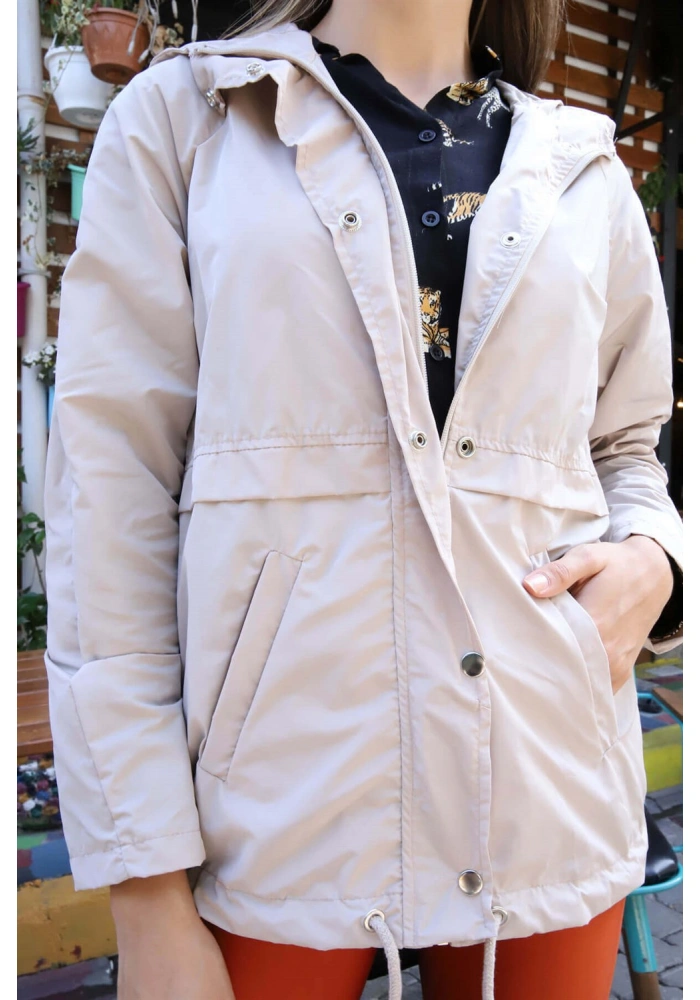 Kapüşonlu Kordonlu Yağmurluk- BEJ