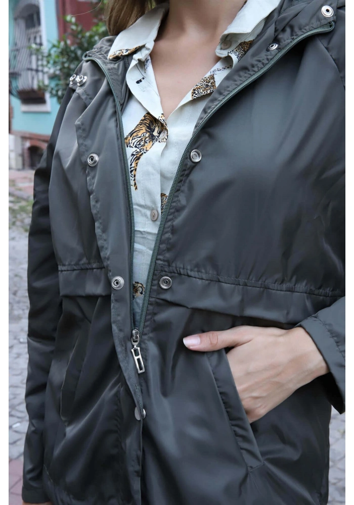 Kapüşonlu Kordonlu Yağmurluk - HAKİ