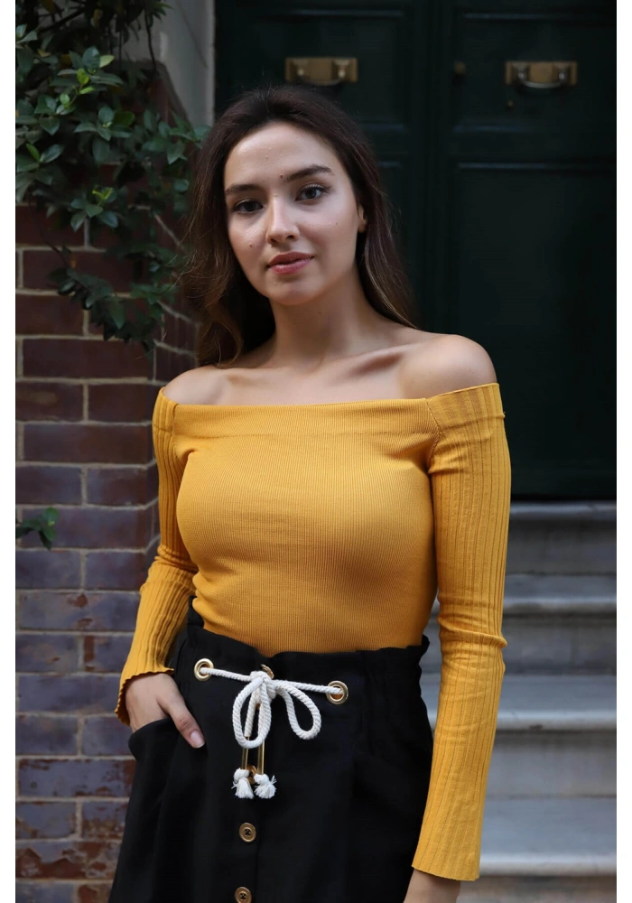 Kayık Yaka Triko Bluz - HARDAL