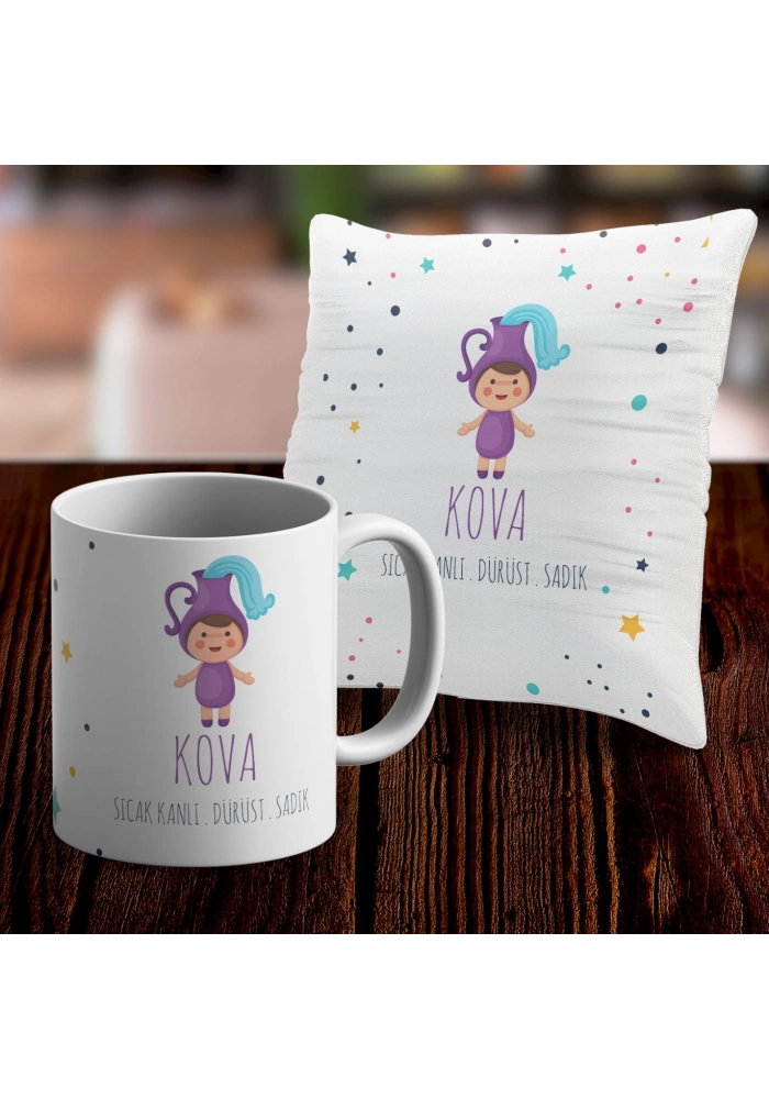 Kova Tasarımlı Sevimli Kupa ve Yastık Kılıfı Seti