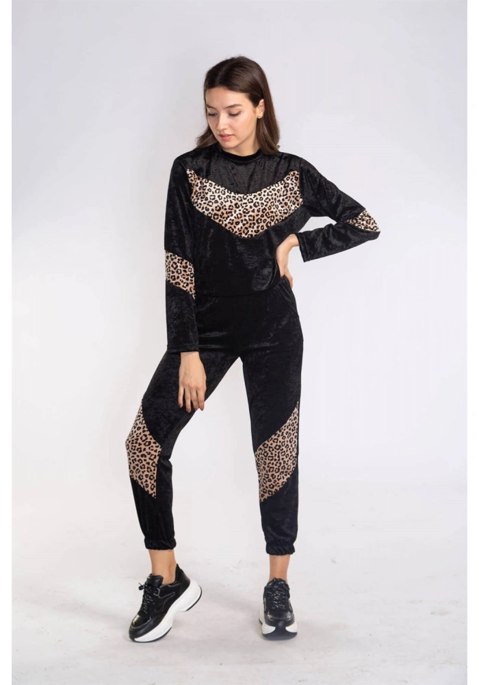 Leopar Desenli Kadife Takım-SİYAH