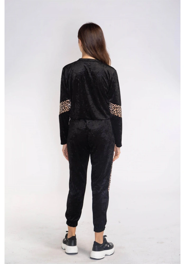 Leopar Desenli Kadife Takım-SİYAH