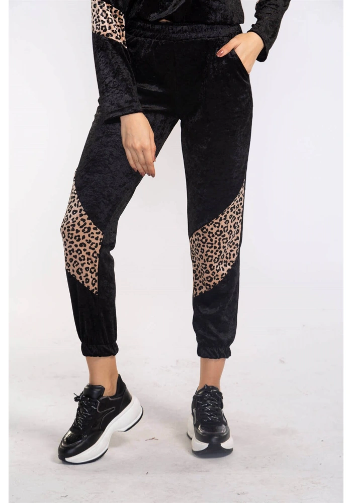 Leopar Desenli Kadife Takım-SİYAH