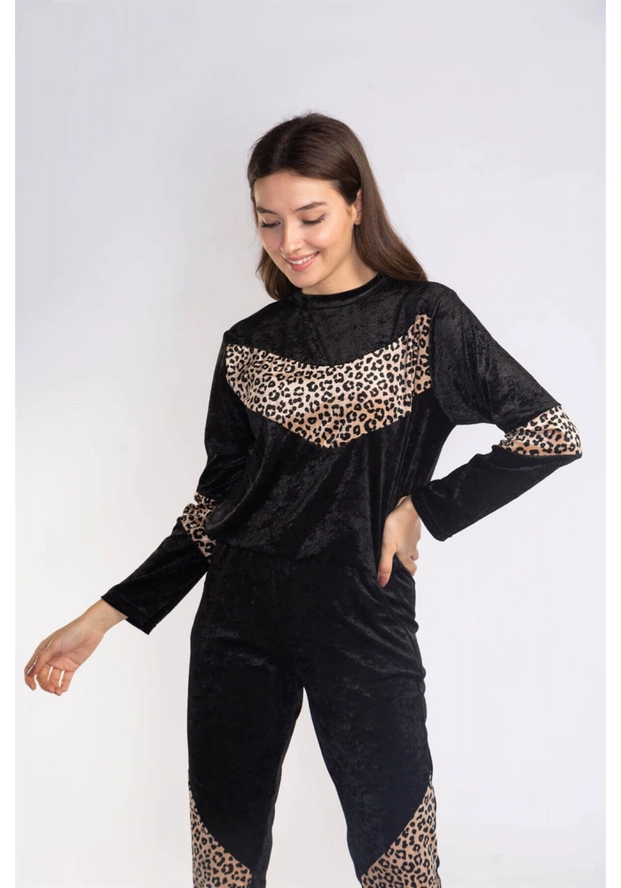 Leopar Desenli Kadife Takım-SİYAH