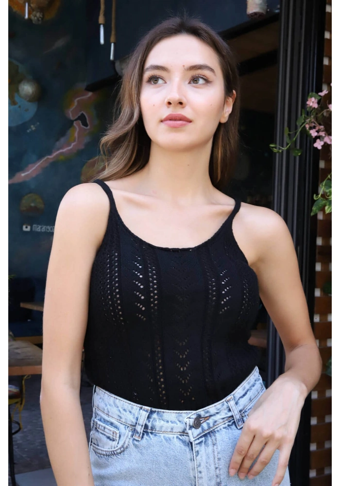 Merserize Askılı Bluz - SİYAH