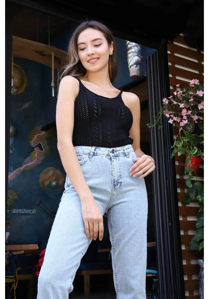 Merserize Askılı Bluz - SİYAH