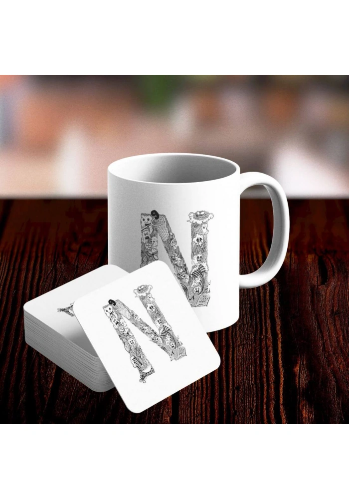 N Harfi Tasarımlı Kupa ve Bardak Altlığı Seti