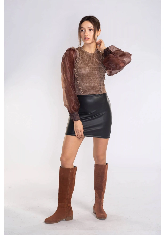 Organze Balon Kol Bluz-KAHVERENGİ