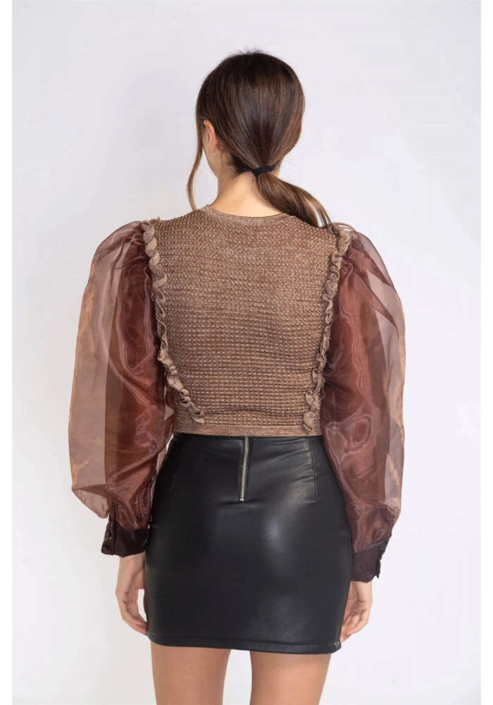 Organze Balon Kol Bluz-KAHVERENGİ