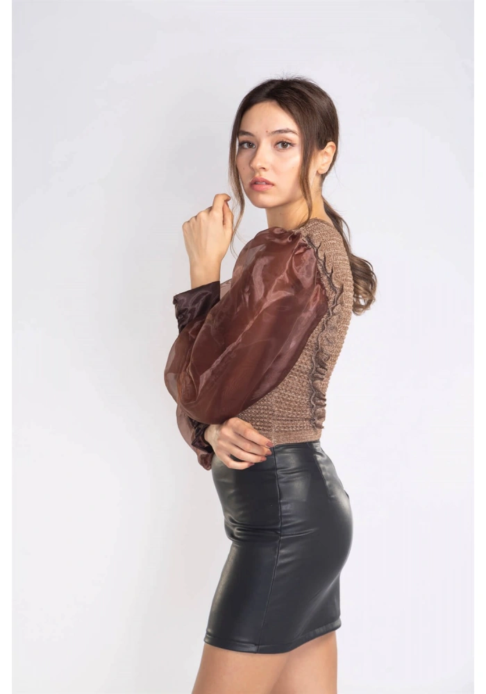 Organze Balon Kol Bluz-KAHVERENGİ