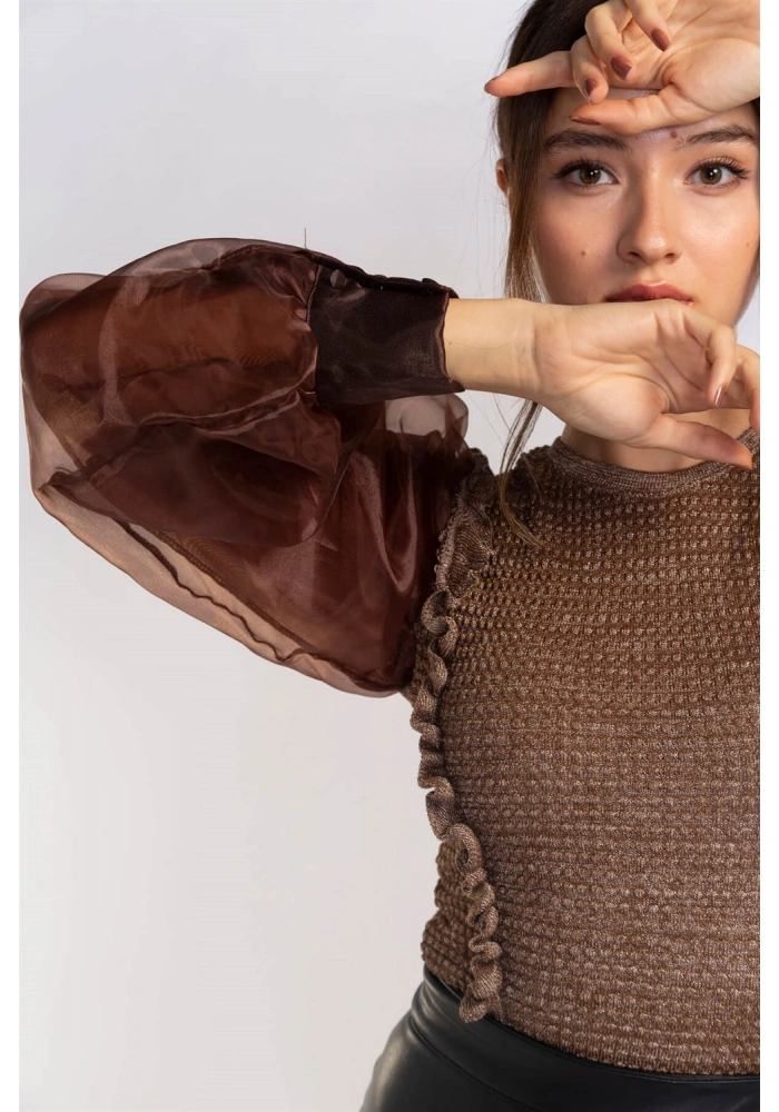 Organze Balon Kol Bluz-KAHVERENGİ