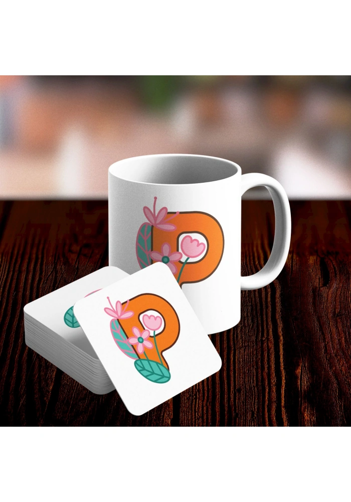 P Harfi Tasarımlı Kupa ve Bardak Altlığı Seti