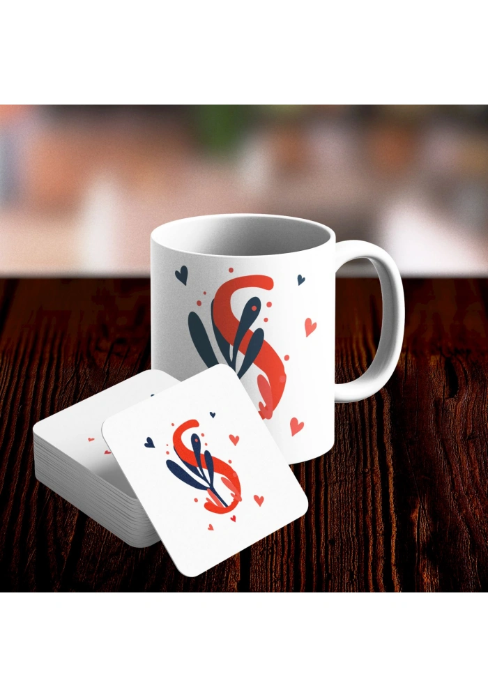 S Harfi Tasarımlı Kupa ve Bardak Altlığı Seti