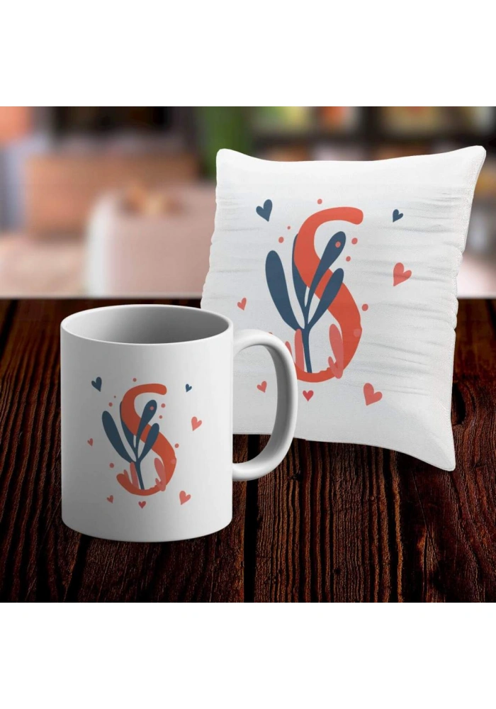 S Harfi Tasarımlı Kupa ve Yastık Kılıfı Hediye Seti