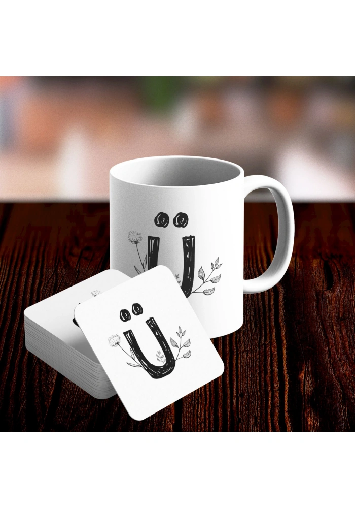 Ü Harfi Tasarımlı Kupa ve Bardak Altlığı Seti