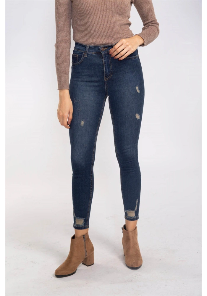 Yırtık Detaylı Skinny Jean Pantolon-LACİVERT