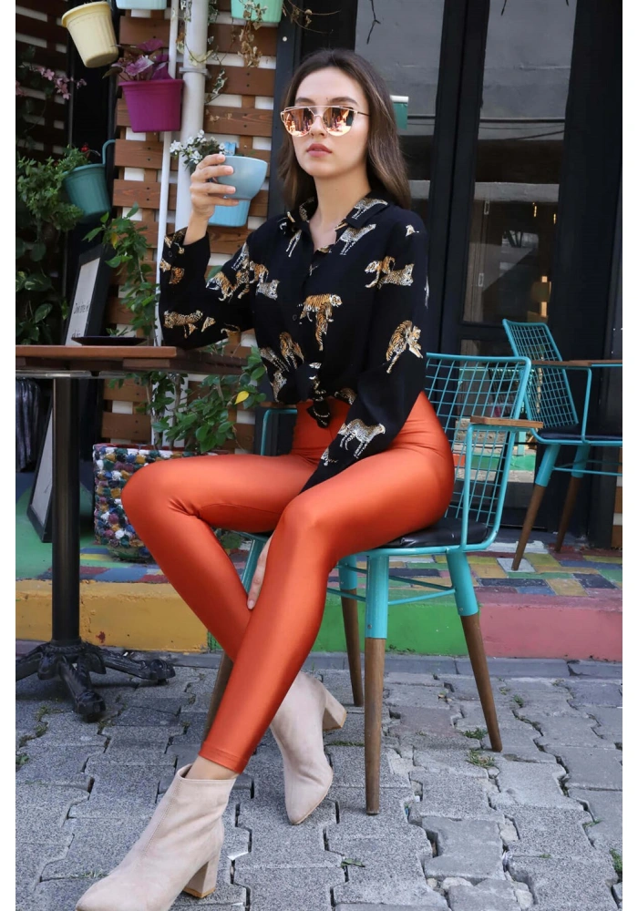 Yüksek Bel Disco Tayt - KİREMİT