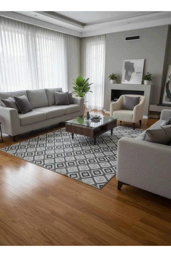 Sarar Klasik Eşkenar Dörtgen Siyah Gri-Siyah Jel Taban Kaymaz Halı