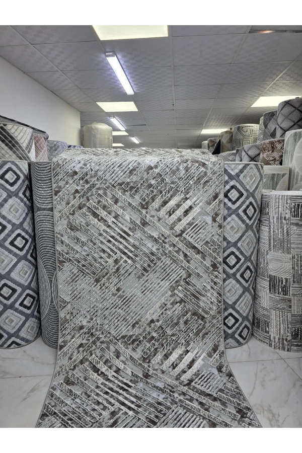 Sarar Klasik Karma Çizgi Geometrik Vizon-Gri Jel Taban Kaymaz Halı