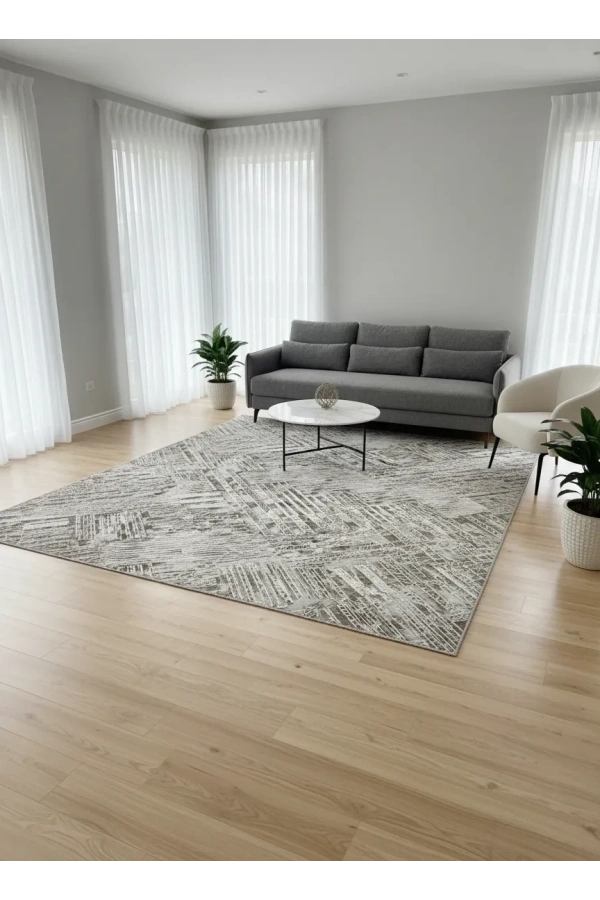 Sarar Klasik Karma Çizgi Geometrik Vizon-Gri Jel Taban Kaymaz Halı