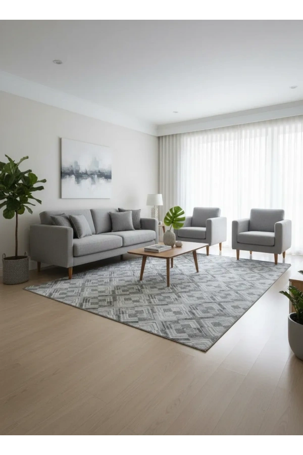 Sarar Klasik Eşkenar Dörtgen Gri-Beyaz Jel Taban Kaymaz Halı