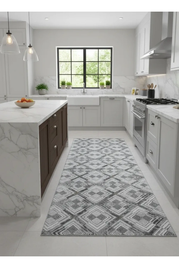 Sarar Klasik Eşkenar Dörtgen Gri-Beyaz Jel Taban Kaymaz Halı