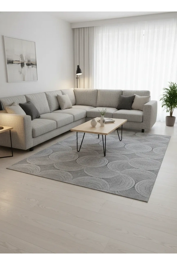 Sarar Klasik Daire Çember Gri Jel Taban Kaymaz Halı