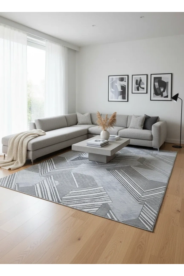 Sarar Klasik Chevron Geometrik Gri Jel Taban Kaymaz Halı