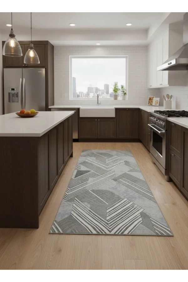 Sarar Klasik Chevron Geometrik Gri Jel Taban Kaymaz Halı