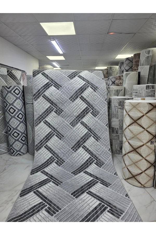 Sarar Klasik Balıksırtı Çizgi Gri Jel Taban Kaymaz Halı