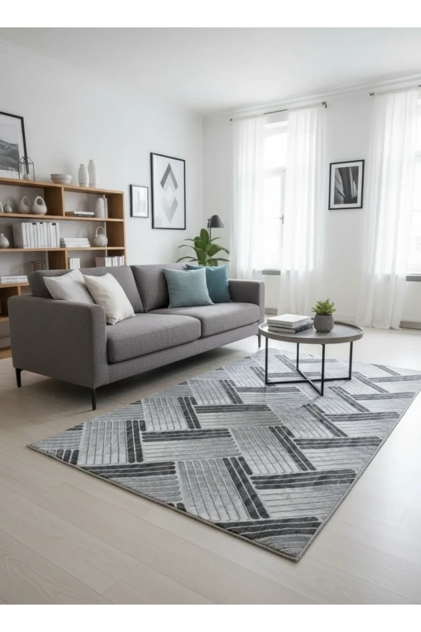 Sarar Klasik Balıksırtı Çizgi Gri Jel Taban Kaymaz Halı