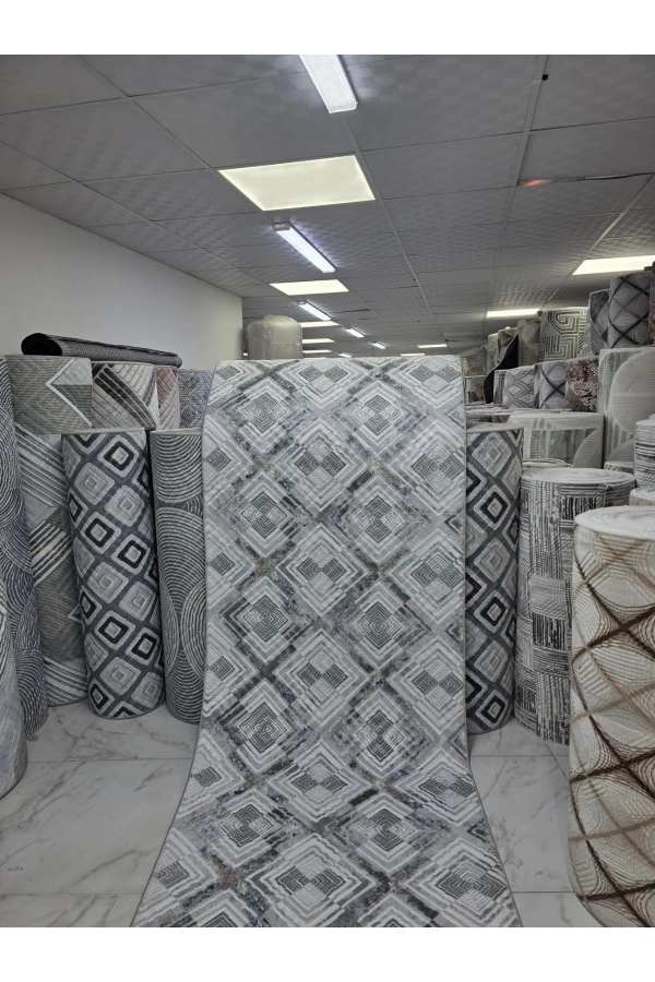 Sarar Klasik Eşkenar Dörtgen Gri-Mavi Jel Taban Kaymaz Halı