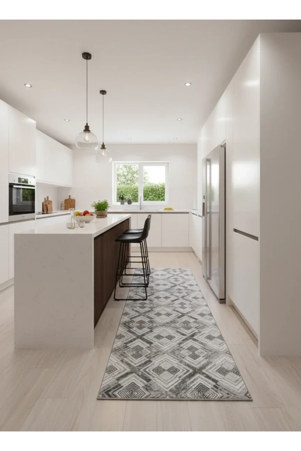 Sarar Klasik Eşkenar Dörtgen Gri-Mavi Jel Taban Kaymaz Halı