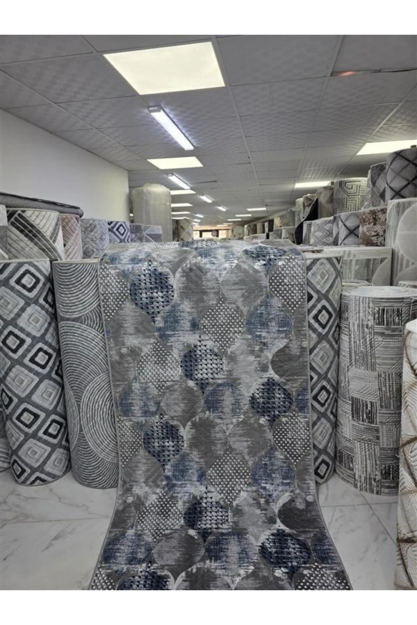 Sarar Klasik Bohem Daire Mavi-Gri Jel Taban Kaymaz Halı