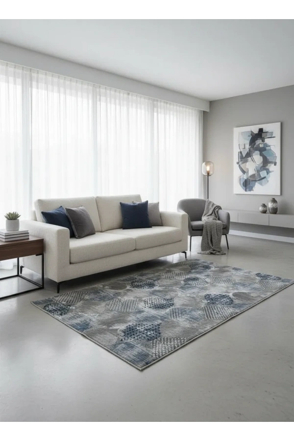 Sarar Klasik Bohem Daire Mavi-Gri Jel Taban Kaymaz Halı