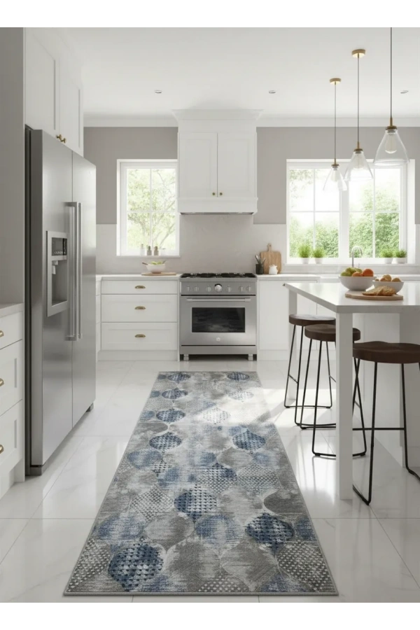 Sarar Klasik Bohem Daire Mavi-Gri Jel Taban Kaymaz Halı