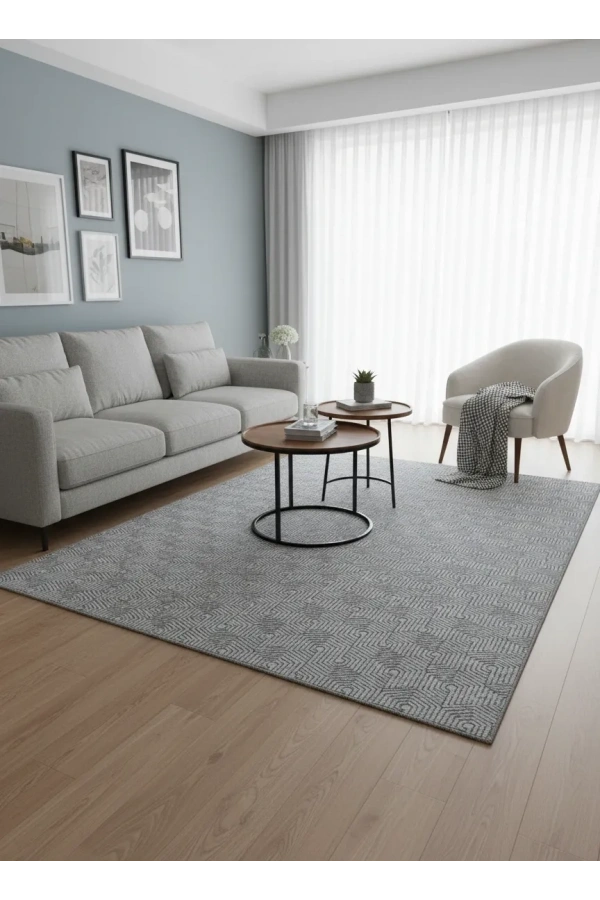 Sarar Klasik Geometrik 3D Küp Gri Jel Taban Kaymaz Halı