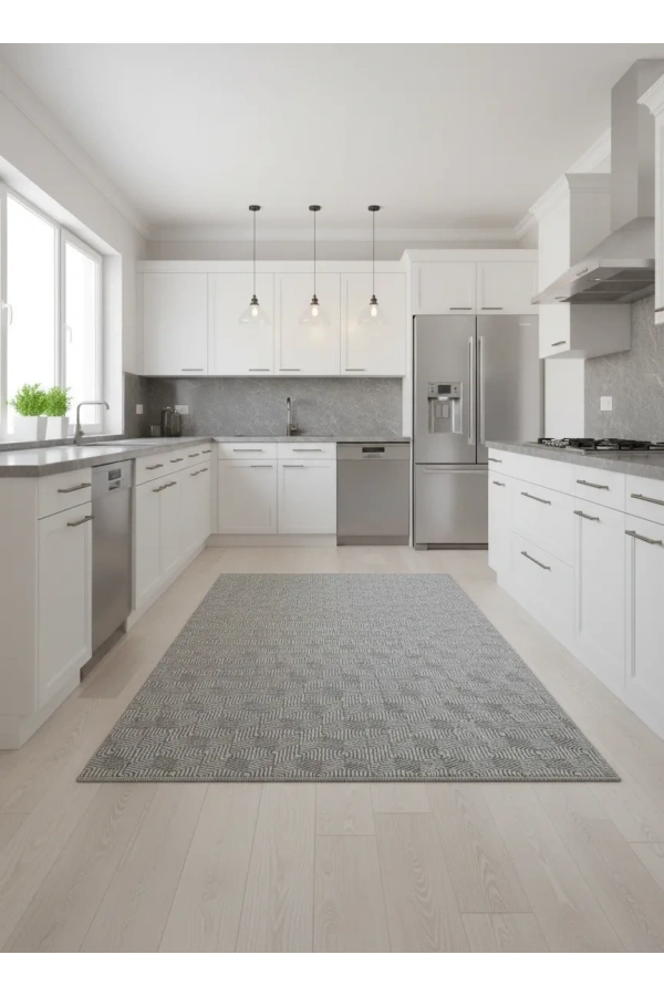 Sarar Klasik Geometrik 3D Küp Gri Jel Taban Kaymaz Halı