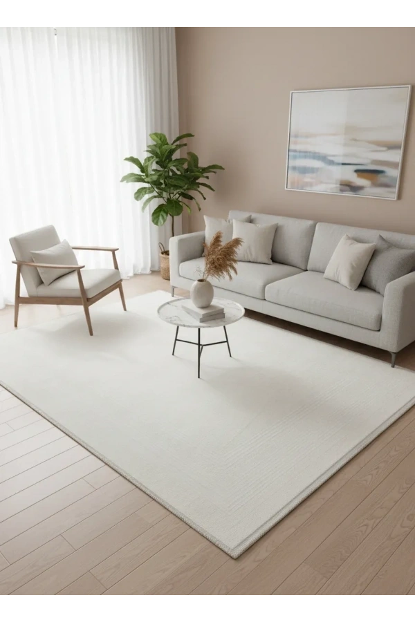 Odak Narin P7344 Beyaz Halı 200x280 | Sade Düz Bordürlü Minimalist Halı