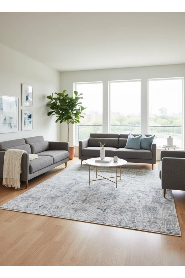 Odak Narin P2356A Gri-Mavi Flash Halı 200x280 | Kare Çizgili Işıltılı Modern Halı