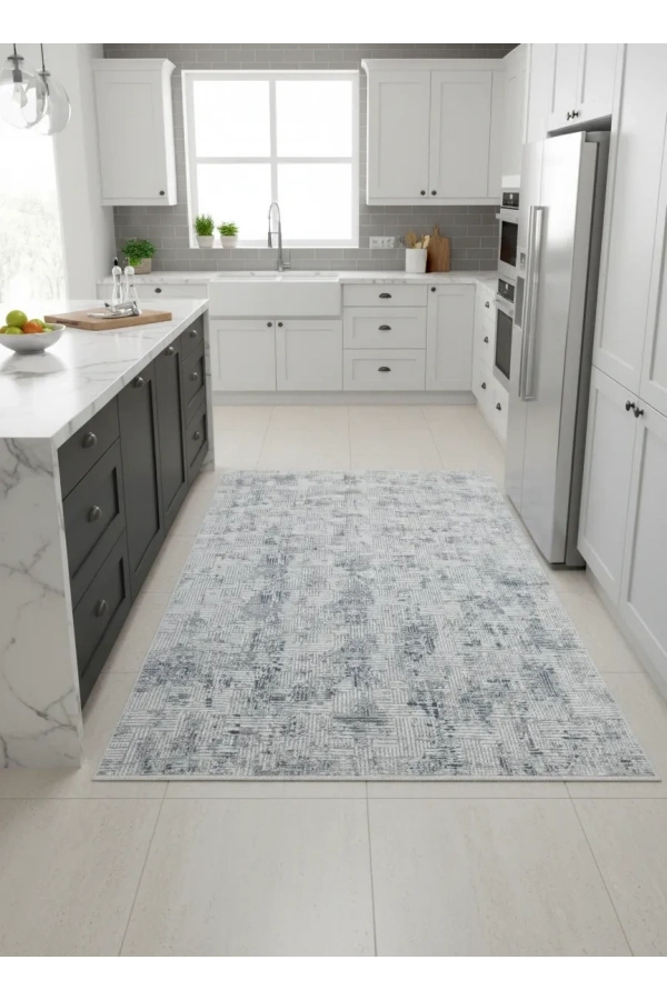 Odak Narin P2356A Gri-Mavi Flash Halı 200x280 | Kare Çizgili Işıltılı Modern Halı