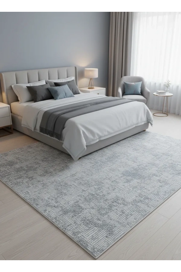 Odak Narin P2356A Gri-Mavi Flash Halı 200x280 | Kare Çizgili Işıltılı Modern Halı