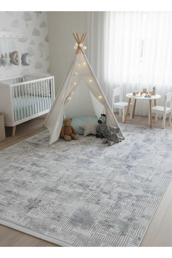 Odak Narin P2356A Gri-Mavi Flash Halı 200x280 | Kare Çizgili Işıltılı Modern Halı