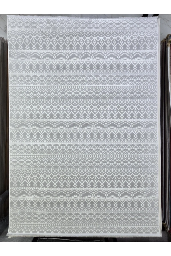Voga Prestij P7401 Gri-Beyaz Halı 200x280 | Etnik Şeritli Bohem Halı