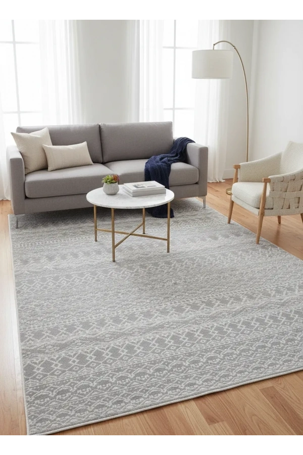 Voga Prestij P7401 Gri-Beyaz Halı 200x280 | Etnik Şeritli Bohem Halı