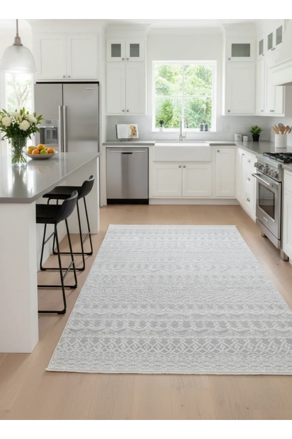 Voga Prestij P7401 Gri-Beyaz Halı 200x280 | Etnik Şeritli Bohem Halı