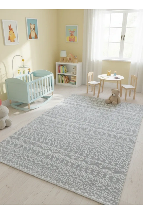 Voga Prestij P7401 Gri-Beyaz Halı 200x280 | Etnik Şeritli Bohem Halı