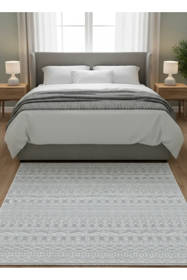 Voga Prestij P7401 Gri-Beyaz Halı 200x280 | Etnik Şeritli Bohem Halı